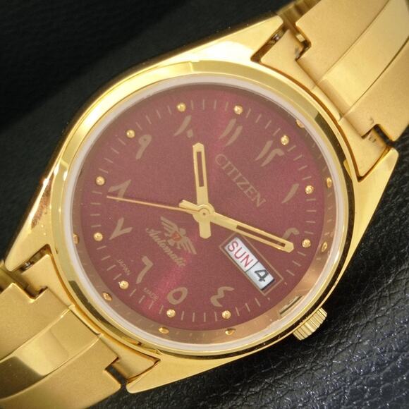 Vintage 1987 Arabic Citizen Automatic Mens Gold Watch W/daydate & Red accents - Picture 1 of 10